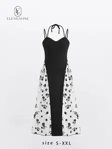 Elengatine Viral Black & White Floral Maxi Dress for Women | Spaghetti Strap Patchwork Long Dress | Slim Fit, Flowy & Breathable Fabric | Perfect for Spring Summer Outfits, Vacation, Brunch, Date Night, Elegant Street Style & TikTok USA Trends