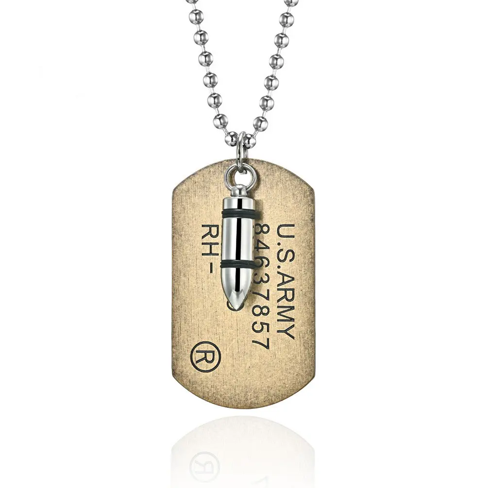 US Marine Corps-Themed Double-Layer Titanium Steel Bullet Pendant Necklace, Crafted with Copper & Artificial Zircon, Wholesale Jewelry Accessory, Heart Pendant
