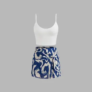 Cider Round Neckline Solid Crop Cami Top With Mid Rise Abstract Knotted Mini Skort