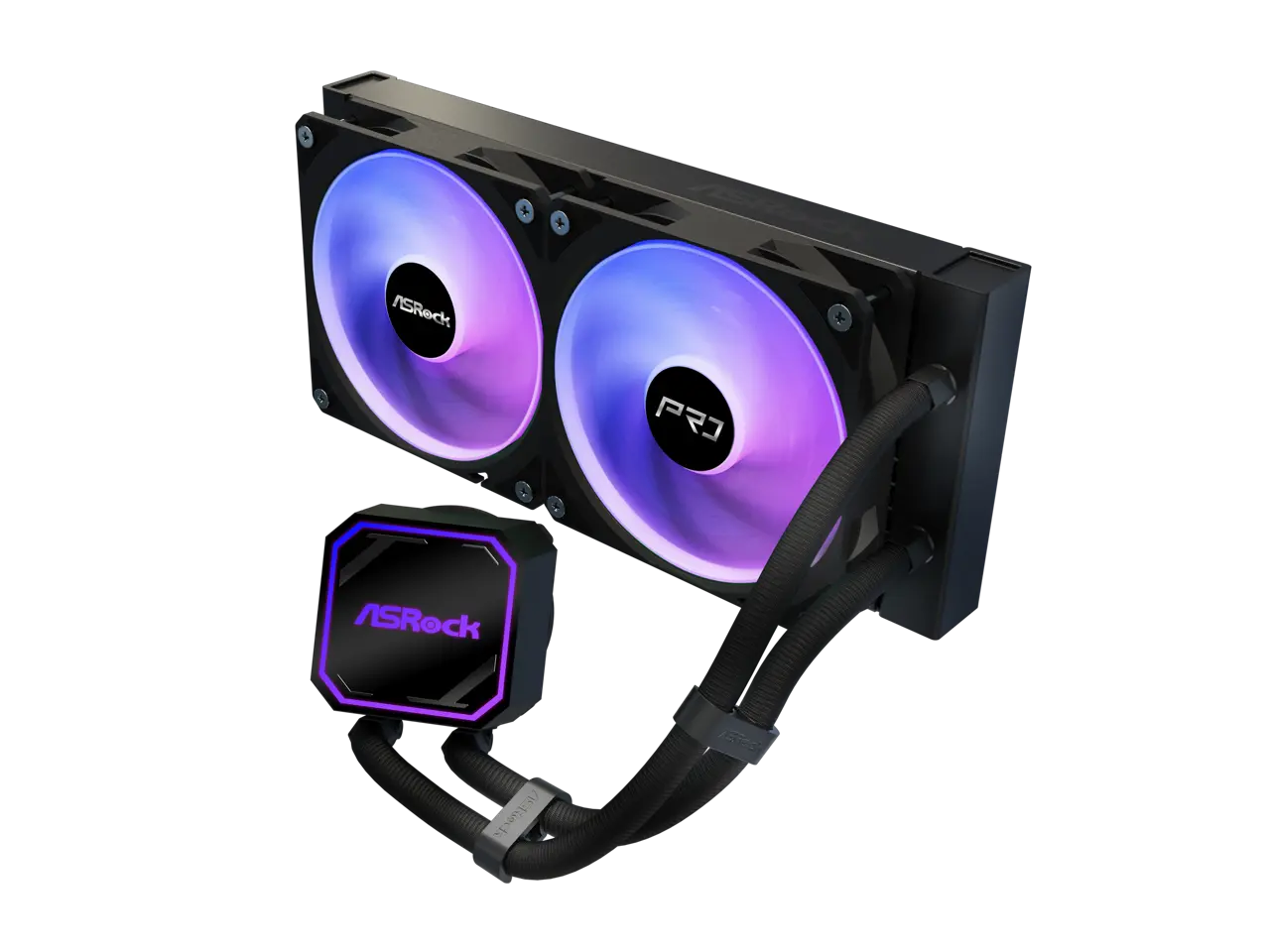 ASRock AIO Pro 240 ARGB 27mm radiator, ARGB waterblock, ARGB Hub-lighting fan, black version