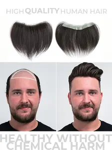 Forehead Hairline Toupee for Men, High Density Human Hair, Skin PU Mens Front Hairpieces, Frontal Hair Topper for Receding Natural Hairline Replacement