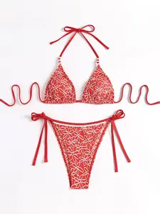 Women's Floral Print Beaded Halter Triangle Bikini Set, High Stretch Casual Fashion Tie Back Backless Swim Top & Tie Side Swim Bottom for Beach Holiday Vacation, Ladies Swimsuit for All Seasons