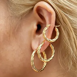 18K Gold Plated 3 Pairs Women’s Hypoallergenic Stainless Steel Hoop Earrings Set, Minimalist Twisted Round Hoop Earrings for Sensitive Ears, Lightweight Everyday Jewelry Gift Accessories for Women, Valentine’s Day Gift