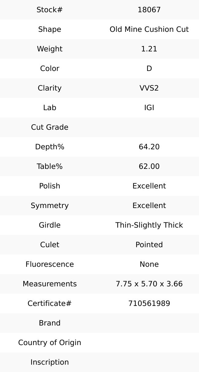 1.21 ct D VVS2 Cushion Modified Brilliant