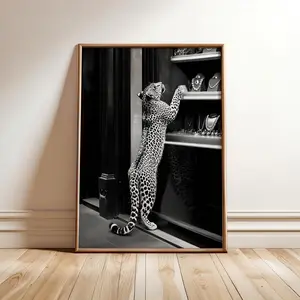 Fashion Magazine Poster, Luxury Leopard at Store Print, Trendy Wall Art, Black and White Print, Leopard Boutique Poster