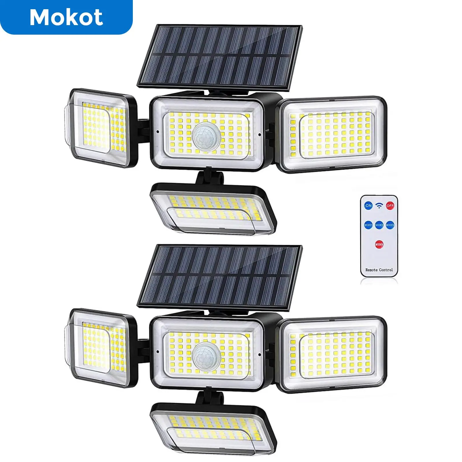 Mokot Solar Lights Outdoor, Motion Sensor Wall Lights with Remote Control,4 Heads IP65 Waterproof Solar Flood Security Light for Outside Yard