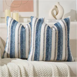 Modern Farmhouse Style Decorative Pillow Cover 18x18 Inches, Soft Chenille Boho Cushion Cover with Velvet Striped Dots, Ideal for Living Room & Sofa Bed, Home Textile