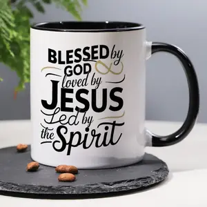 1pc, 3A Grade,Blessed by god,loved by JUSES,11oz ceramic tea cup, novelty mug, perfect Christian birthday, New Year, Valentine's Day gift,deal gift for friends, family, sisters, brothers, relatives, men and women