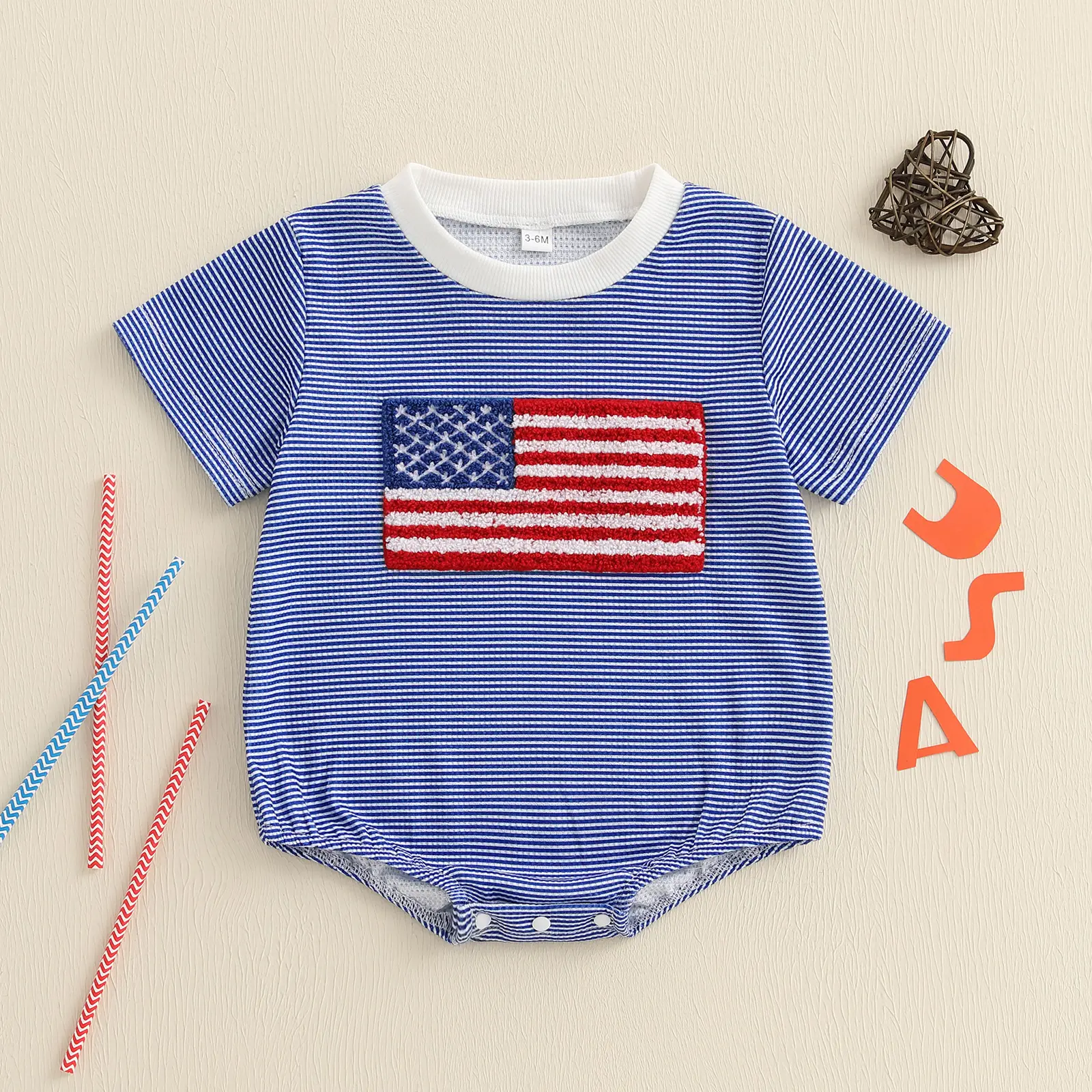 Afunbaby Newborn Infant Baby Boys 4th of July Rompers Independence Day Clothes Flag Embroidery Stripe Print Summer Bodysuits Jumpsuits 0-18 Months