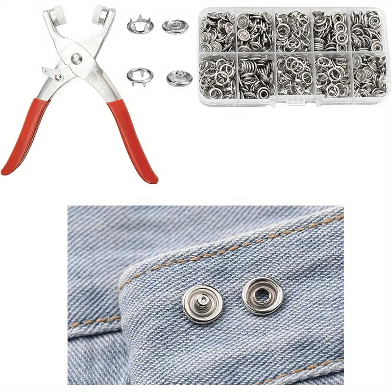 100-Set Hollow Prong Metal Snap Button Set (6.5 mm Inside Diameter) with Hand Pliers - Sewing Supplies Crafts, DIY Clothes Accessory for Leather, Clothing, Belts