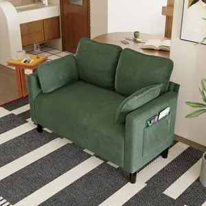 48" Loveseat Sofa, Modern Corduroy Couch with 2 Pillows and Side Storage Pocket, 2 Seater Small Sofa for Living Room Bedroom Apartment Office, Green