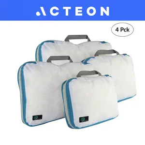 ACTEON Compact Travel Compression Bags Set 4 Piece - lightweight Concourse White with Blue Trim for Efficient Packing makeup luggage Organizer Storage Kit