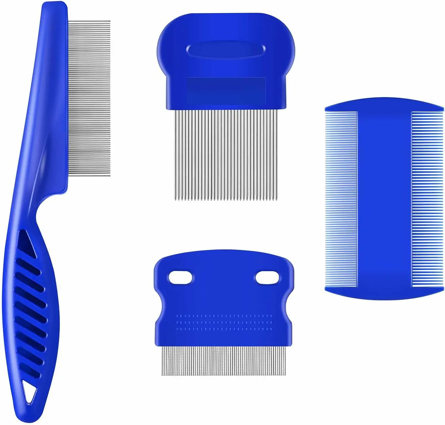 4-Pack Pet Grooming Set - Stainless Steel Rounded-Teeth Combs, Double-Sided Flea & Lice Comb, Tear Stain Remover, Dematting Tool with Skin Massage for Dogs, Cats, Guinea Pigs, Ferrets, Rabbits (Rinses Clean After Use)
