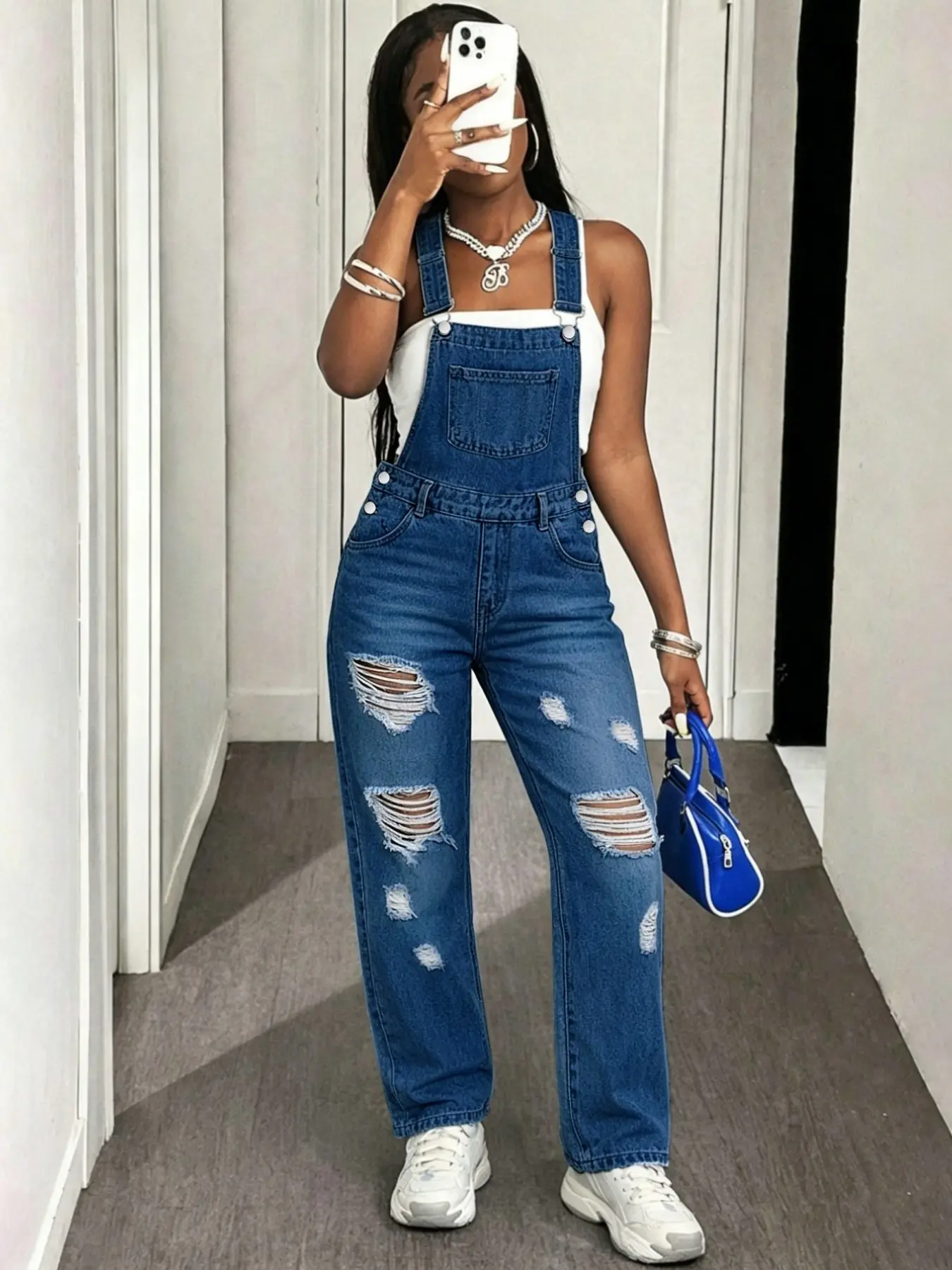 Spring Summer New Plus Size Women's Overalls Jumpsuit Sleeveless Light Blue Ripped Oversized Loose Fit Comfortable Vacation Daily Wear Light Wash Denim Backless Pants