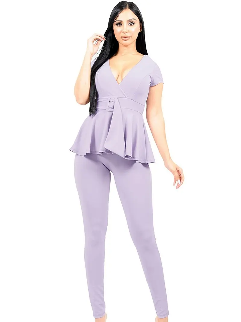 SOLID RUFFLE HEM BELTED JUMPSUIT Womenswear Casual Comfortable Day Overalls Summer