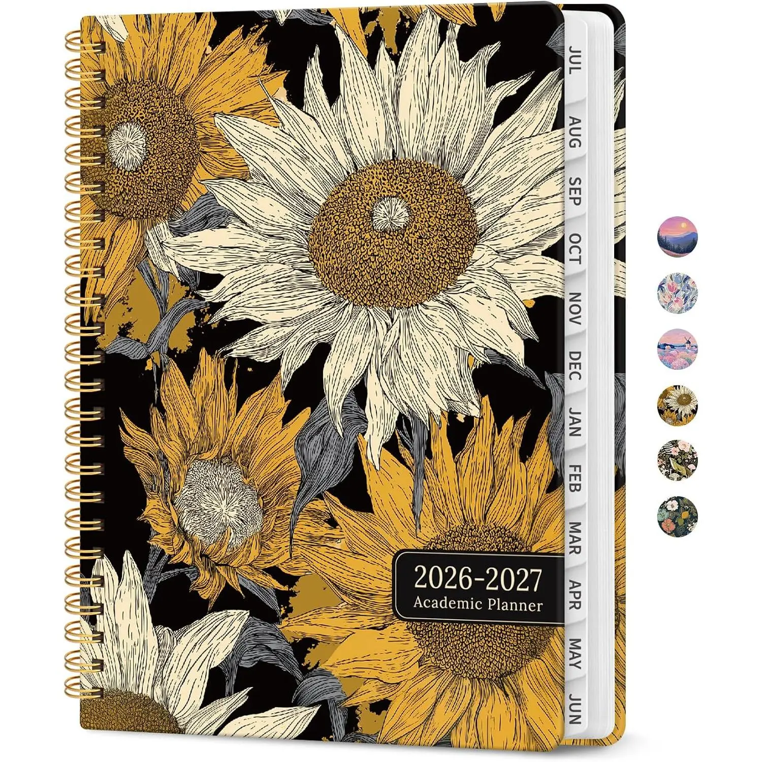 Planner 2026–2027, Academic Monthly Weekly Spiral Calendar, July 2026 – June 2027, Hardcover Agenda Notebook with Tabs, 6.3" x 8.5", Perfect for Students, Teachers, School & Daily Planning - Nocturne Sunflowers