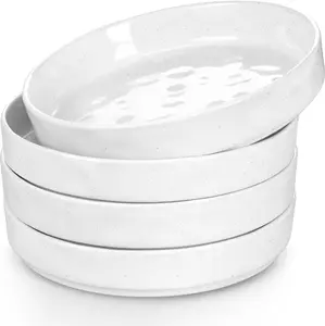 Pasta Bowls Set of 4, 34oz Stoneware Large Wide Shallow Plates and Stackable Serving Ceramic Bowls Dishes Sets for Salad Soup Cereal, Microwave & Dishwasher Safe, Speckled White