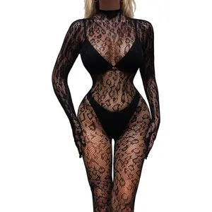 Women's Fishnet Bodysuit Lace Leopard Print Full Body Bodystocking Hollow Mesh One Piece Jumpsuit Party Rave Outfits