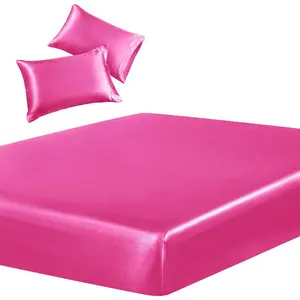 3-Satin Full Sheet  2 Pillowcase, Hot Pink Silky Bottom Sheet, Wrinkle Free, Fade Resistant, Deep Pocket Sheet (Deep Up to 15")