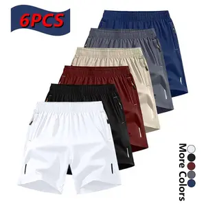 Men’s 6-Pack Athletic Casual Shorts — Ideal for Fitness, Solid Color, Breathable Quick-Dry Style with Zipper Pockets and Drawstring Waist, Suitable for Outdoor Activities and Training, Reflective Strip Design