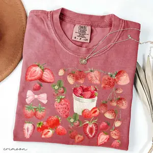 Comfort Colors Strawberry Cottagecore T-Shirt for Women, Botanical Garden Graphic Tee, Summer Berry Aesthetic Shirt, Cute Nature Inspired Top, Soft Relaxed Cotton Casual Outfit, Trendy Everyday Wear Gift - ShamCren