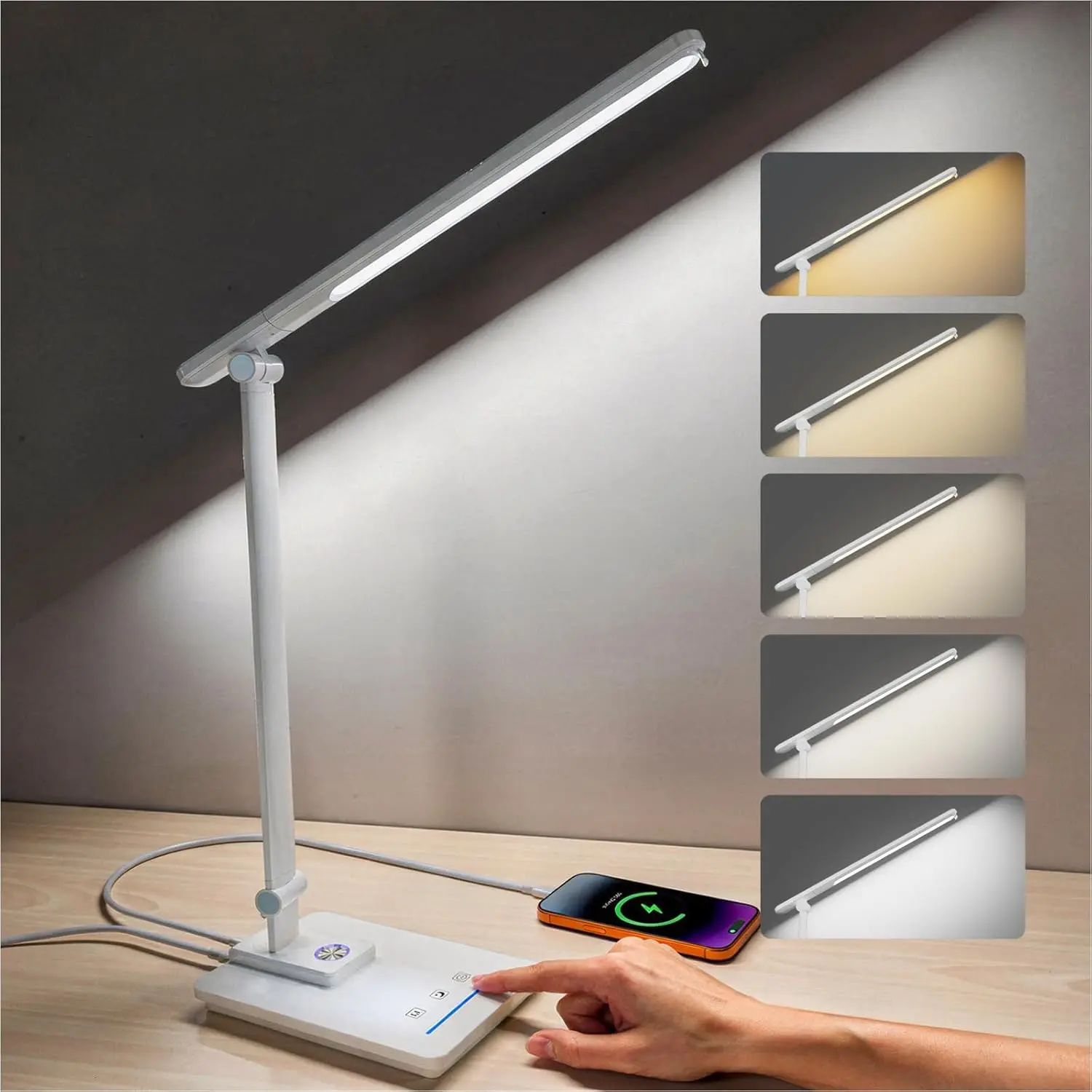 White LED Desk Lamp with Adapter, Touch Control, USB Port, 5 Color Modes, Stepless Dimming, 360° Rotatable Foldable Design, Ideal for New Apartment/Moving into New Apartment, Puzzle, Study Work Office Use, Desk Lamps