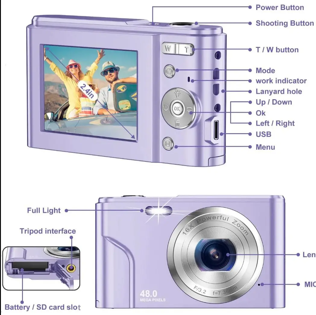 48mp fhd  1080p video photo camera portable 16x zoom