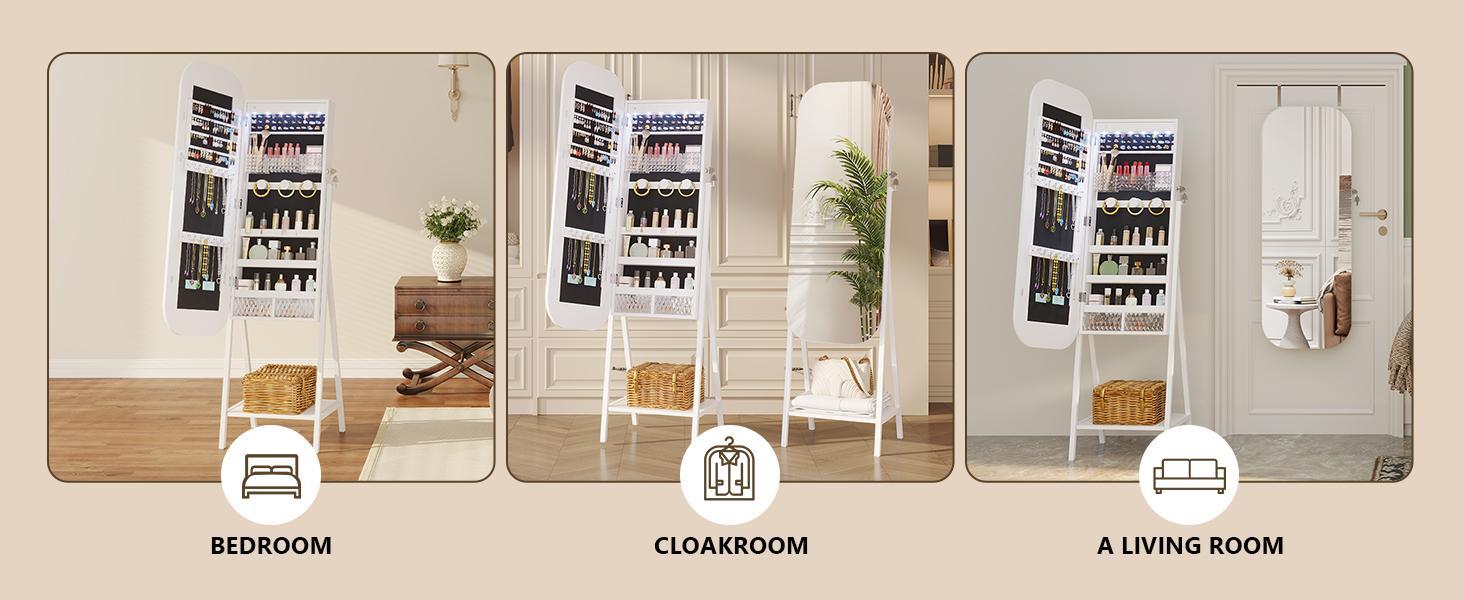 Miu LED Mirror Jewelry Cabinet, Wall/Door Mounted Full Length Mirror with Storage, Lockable Jewelry Armoire with Mirror, Rounded Corner Hanging Mirror Jewelry Organizer