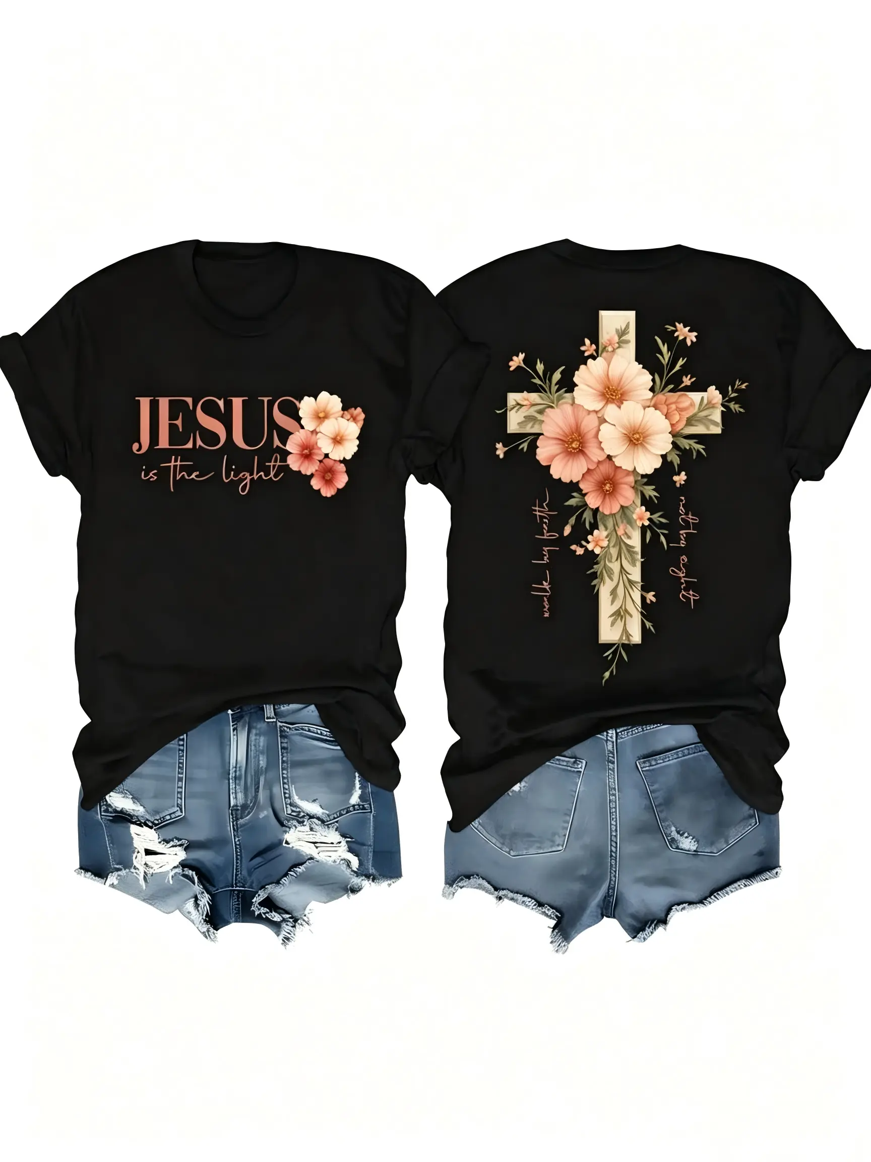Breathable and comfortable short-sleeve T-shirt, women's Christian shirt, featuring a beautiful floral cross print, versatile for everyday wear, inclusive T-shirt