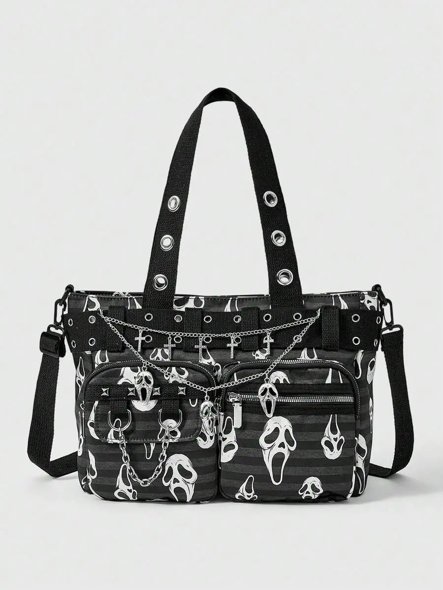 LUNA LAYER Y2K Gothic Grimace Print Tote Bag Multi Pocket Large Capacity Black
