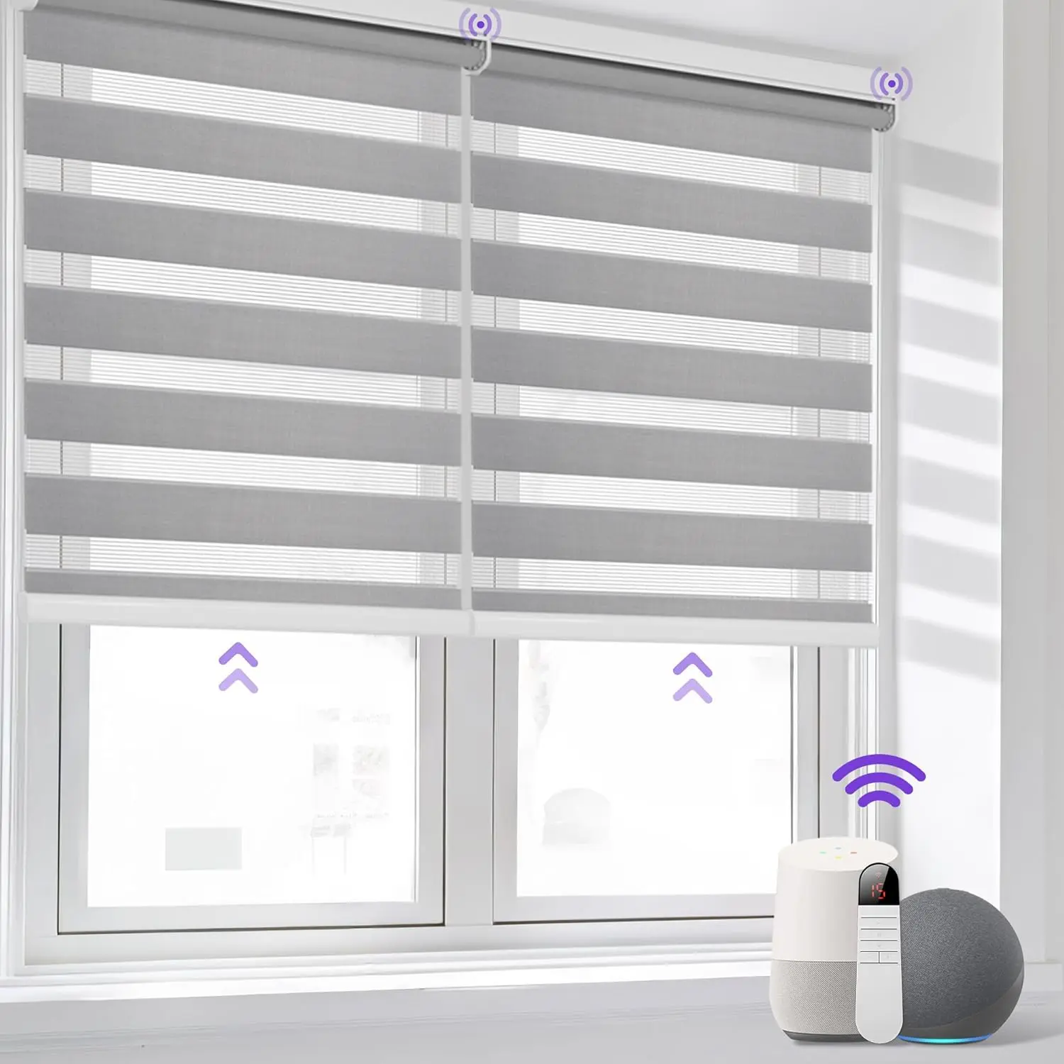 Motorized Zebra Blinds for Window with Remote, Compatible with Alexa,  Dual Layer Shades,  Zebra Roller Shades Light Filtering Dry  , for Home Office(Grey, H72 x W36)