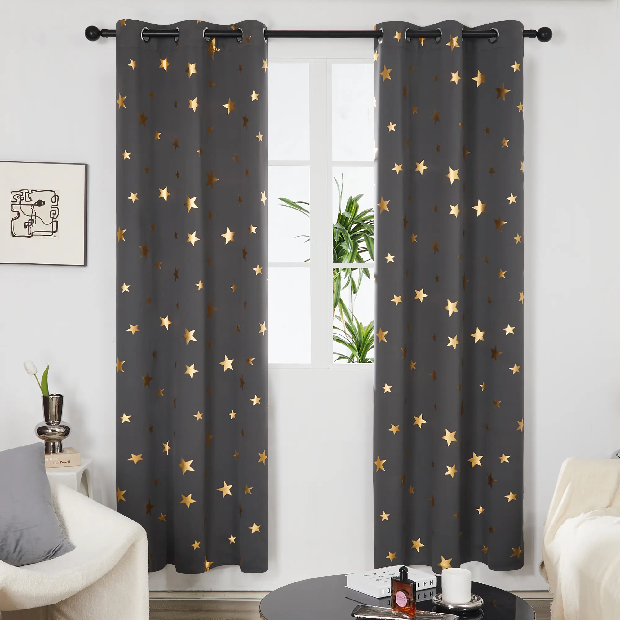 Deconovo 2-Panel Gold Star Pattern Polyester Fabric Blackout Curtain Panels, Grommet Top Window Drapes, Thermal Insulated, Sun Blocking, Soundproof Curtains for Living Room, Gaming Rooms