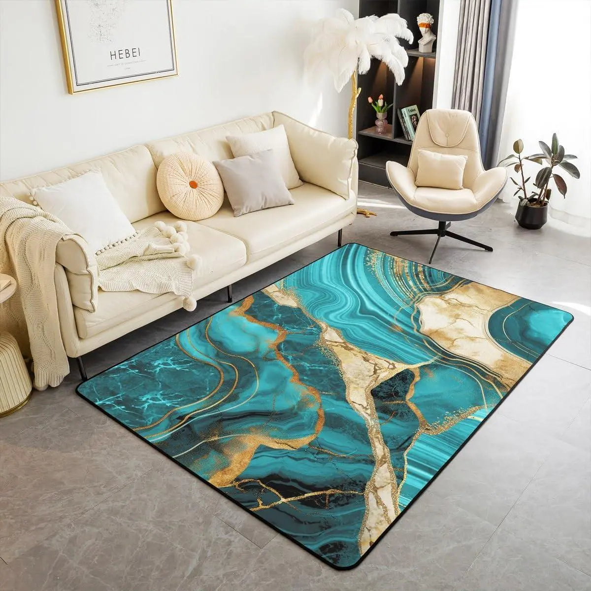 Teal Marble Area Rug ,Gold Crack Rug,Abstract Metallic Texture Non Slip Carpet Bedside,Luxury Shinny Boho Hippie Fluid Washable Decorative Rug Living Room