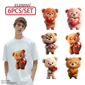 6 Pack Cute Valentine's Day Bear Heat Transfer Vinyl Patches DTF Washable Plastic Hug & Heart Iron on Appliques for Tshirt Hoodie Jeans Backpack Pillow DIY Craft