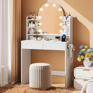 Wanan Vanity Desk with Arched Mirror LED Lights 3 Colors Power Outlet Small Makeup Table 2 Drawers 6 Storage Shelves Women Girls Vanity for Small Space White wide storage woman girl bedroom vanity  mirror kitchen  cabinets drawer  dresser outdoorfun