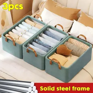 3pcs Large Oxford Cloth Storage Baskets, Fabric storage Box with Steel Frame Stackable Shelf Storage Baskets, Collapsible Closet Storage Organizers and Foldable Storage Baskets for Offic, Bedroom, Dorm, Living, Space-Saving Closet Solution, Clothes Basket