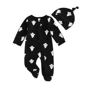 REDWOON Newborn Baby Boy Halloween Outfit Ghost Knitted Romper Jumpsuit Long Sleeve Footie Fall Clothes with Hat
