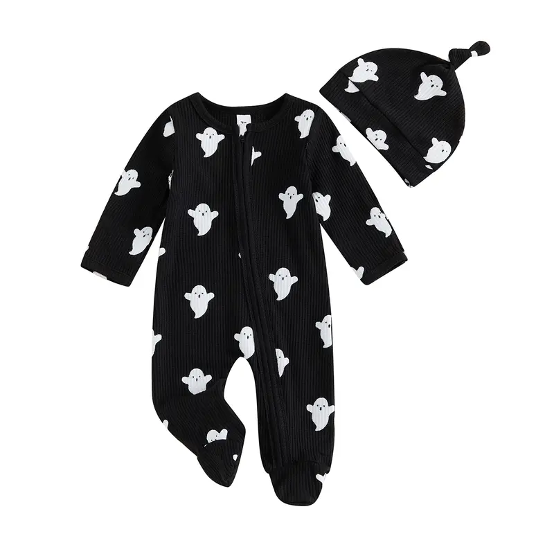 REDWOON Newborn Baby Boy Halloween Outfit Ghost Knitted Romper Jumpsuit Long Sleeve Footie Fall Clothes with Hat