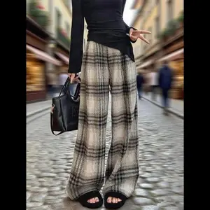 Velvet Plaid Wide Leg Pants, Casual Loose Fit Long Trousers, Perfect for Autumn & Winter Seasons, Comfortable Daily Wear