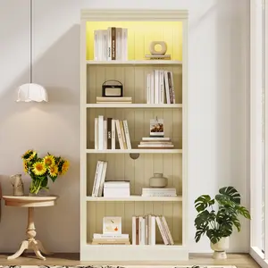 ARCH 83.4" Tall Wood Bookcase with light strip,5-Tier Decor Bookshelves with Adjustable Shelves,Storage Organizer for CDs/Books,Free Standing Storage Shelves for Living Room,Home Office,Beige and Yellow
