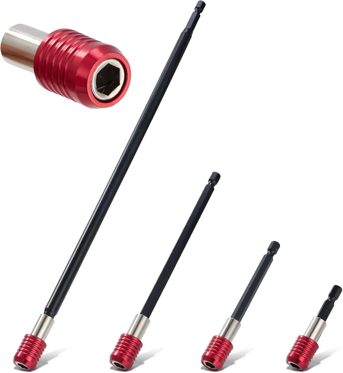 Magnetic Drill Bit Extension Set 4 Pcs (2/4/6/12’’), 1/4’’ Hex CR-V Steel Quick Release Bit Holder for Impact Driver, Screwdriver Bit Nut Drill Socket