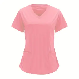 Crew Neck Pocket Front Tops, Casual Short Sleeve V Neck Work Tops, Women's Clothing