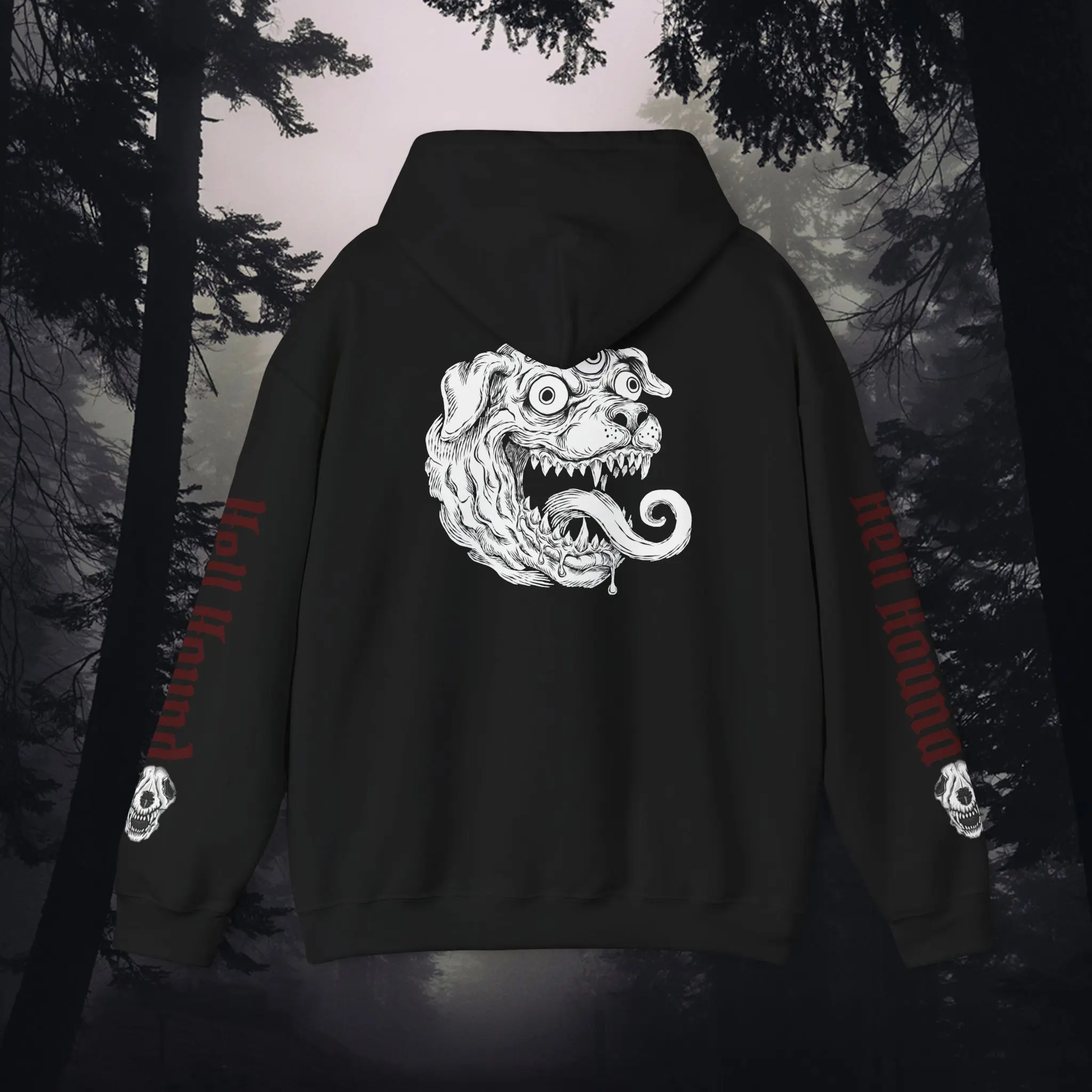 Demonic Hell Hound Monster Head Hoodie | Gothic Cross, Sleeve Skulls, Horror Streetwear