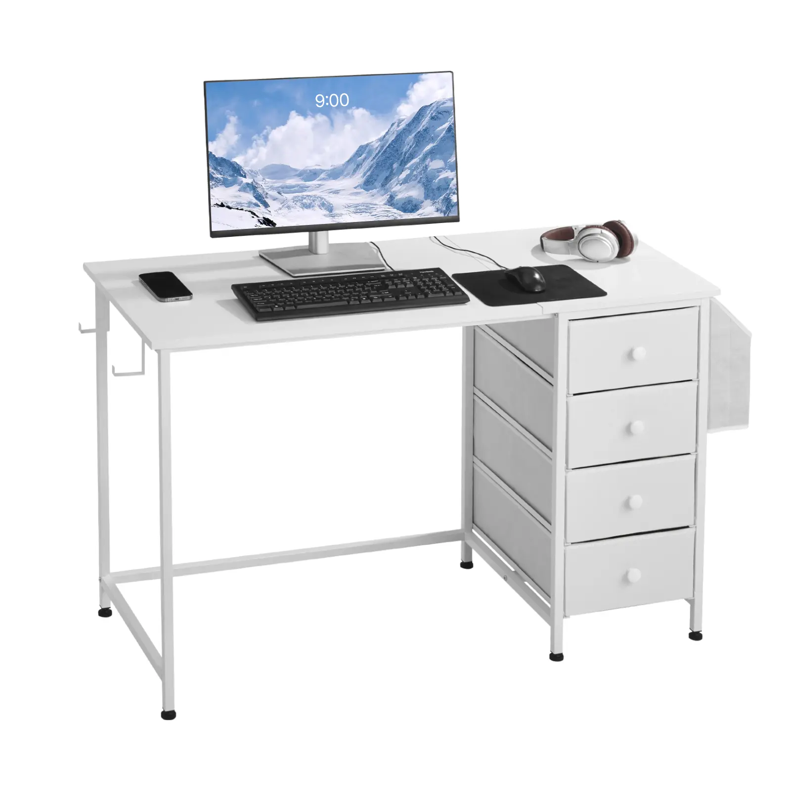 【SummerFinds】VEVOR Computer Desk with Fabric Drawers, 47 Inch Reversible Study Work Writing Desk for Modern Home Office Bedroom, Simple Modern Cute PC Table Metal Frame Business Furniture, White, Dual-Monitor Desks, Comfortable Desks