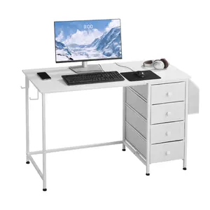 【DealsForYouDays】VEVOR Computer Desk with Fabric Drawers, 47 Inch Reversible Study Work Writing Desk for Modern Home Office Bedroom, Simple Modern Cute PC Table Metal Frame Business Furniture, White, Dual-Monitor Desks, Comfortable Desks