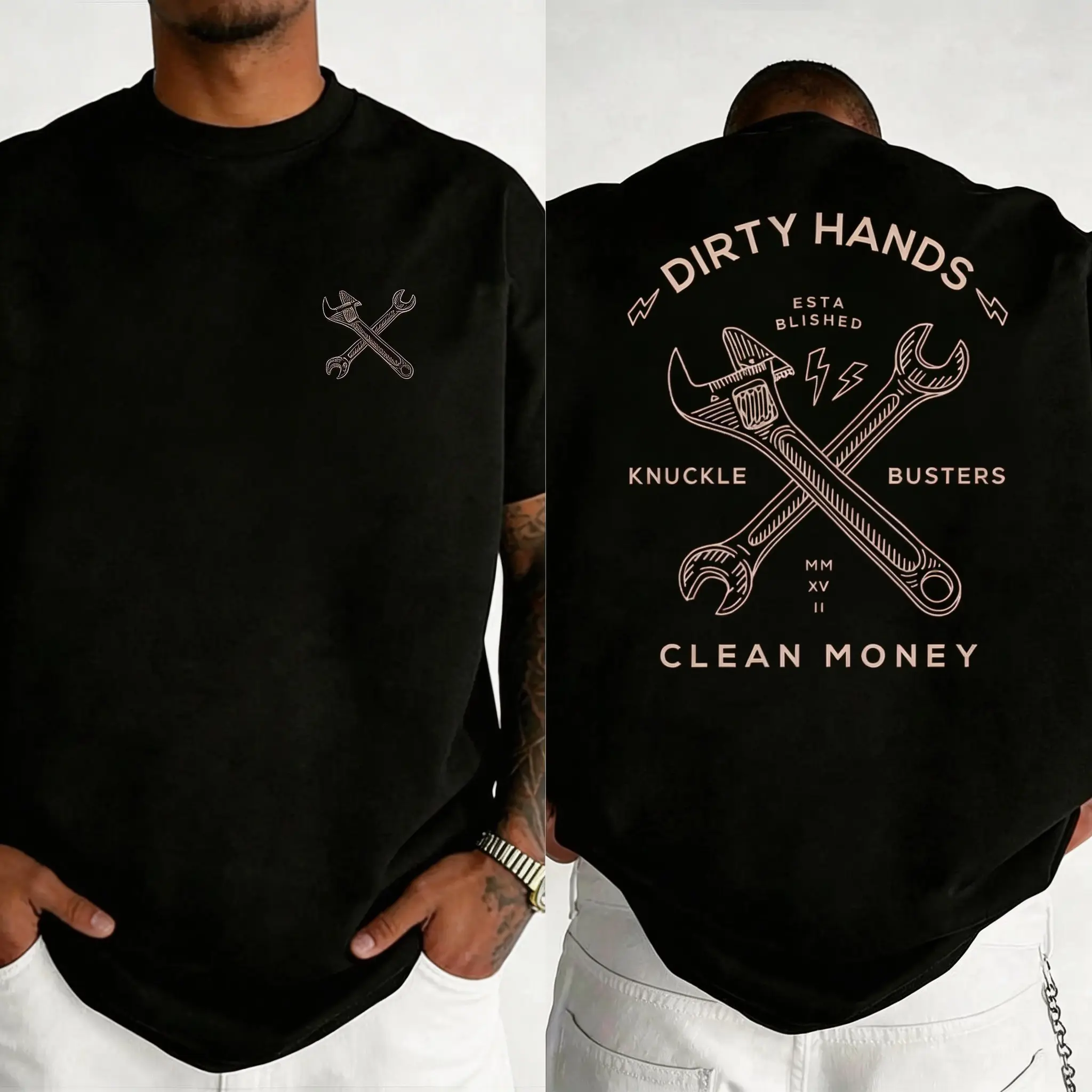 Mechanic Wrench Graphic Tee Men Hard Worker Black Cotton Streetwear T-Shirt for Auto Enthusiasts