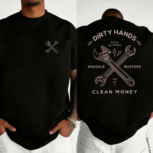 "Dirty Hands, Clean Money" wrench graphic t-shirt, workwear-style graphic print t-shirt, comfortable fabric short-sleeved top.