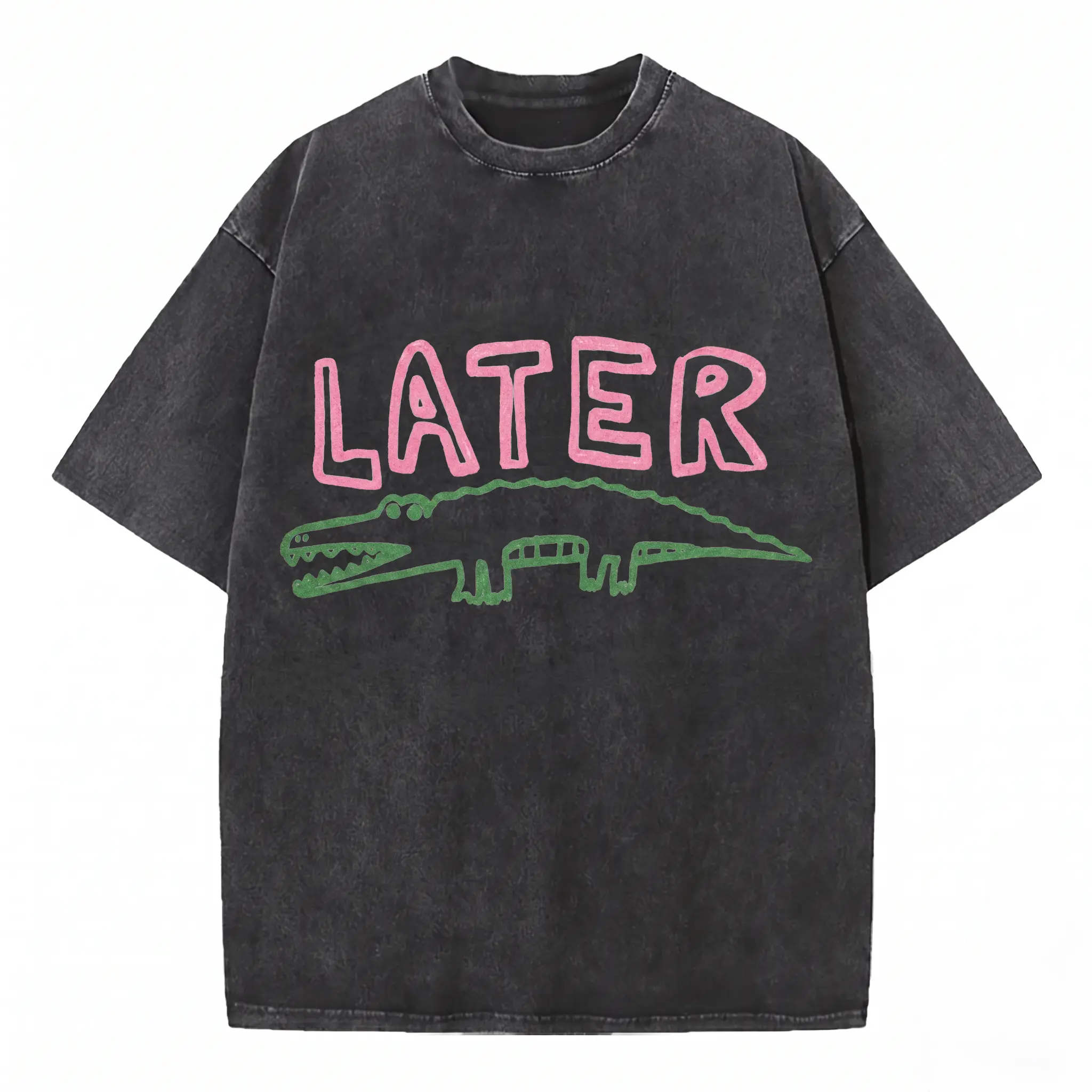 Later Alligator Vintage Washed Oversized Graphic Tee | TK Streetwear Faded Black 230g Washed T-Shirt Comfortable Oversize Washed T Shirt, Later Gator T Shirt, Sarcastic Shirt | Summer Unisex Round Neck Short Sleeve Casual Shirt