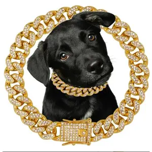 Dog Chain Diamond Collar 18K Gold Plated Walking Metal Chain 12 mm Wide Necklace with Secure Buckle Pet Cuban Style Collar Jewelry Accessories for Small Medium Large Dog Cats