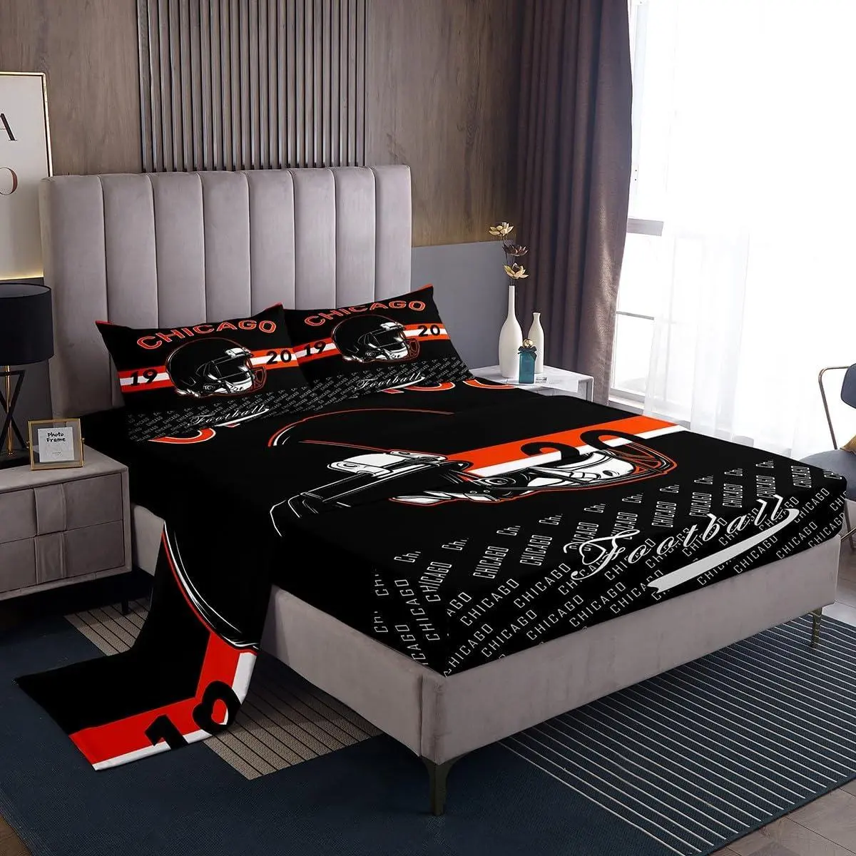 Feelyou Football Themed Bedding Set, Chicago City Design, for Kids, Deep Pockets Fitted Sheet, Breathable Soft Lightweight Microfiber, Machine Washable, Queen/Single Sizes